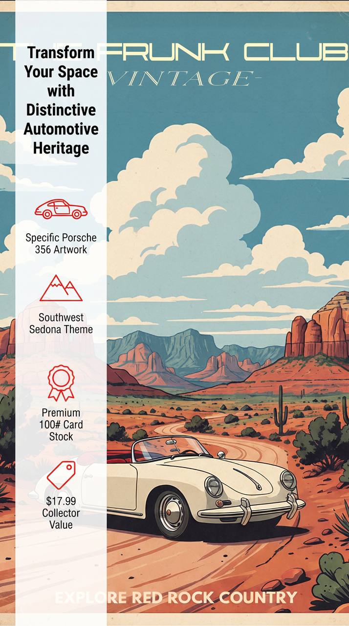 Vintage-style Porsche 356 illustration driving through a Sedona desert landscape