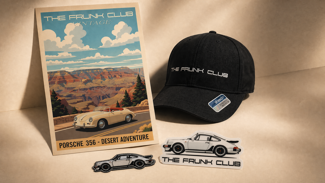 Porsche-inspired gifts arranged in a premium automotive lifestyle setting