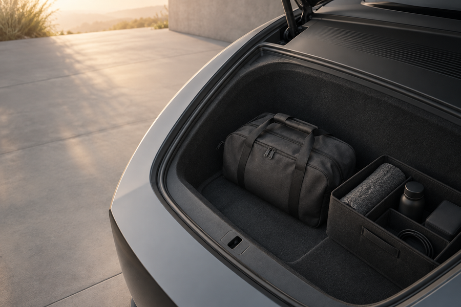 Original editorial image of an unbranded front-trunk storage compartment with a travel bag and organizer.