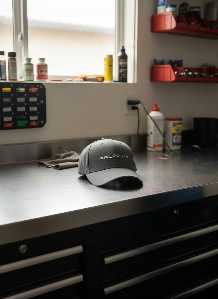 Agate Grey Frunk It Overdrive Cap on a garage workbench.