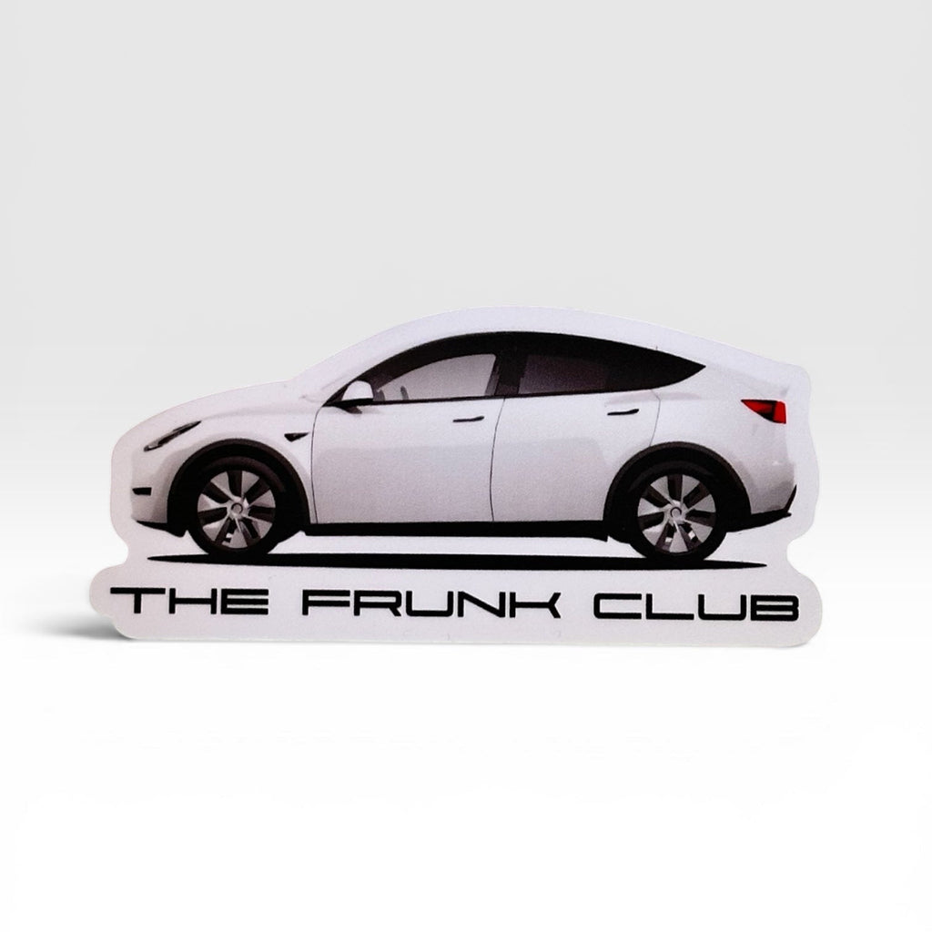 Close-up of Tesla-inspired Frunk Club die-cut sticker artwork