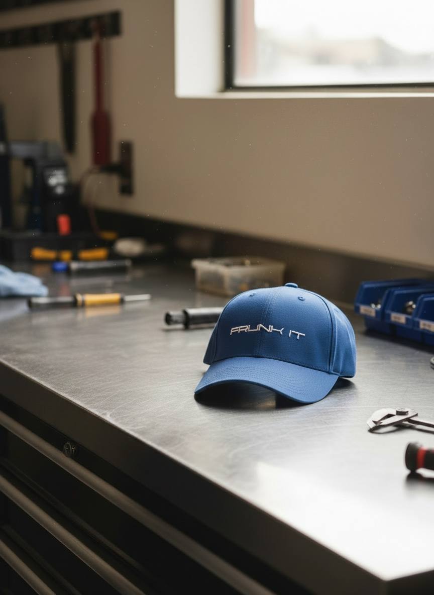 Royal Blue Frunk It Overdrive Cap on a garage workbench.
