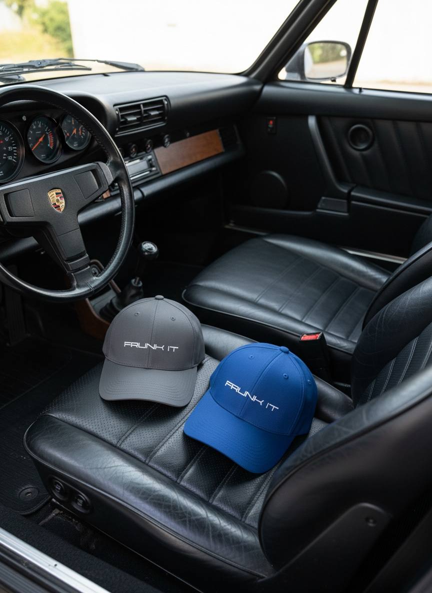 Agate Grey and Royal Blue Frunk It Overdrive Caps in a classic Porsche interior.