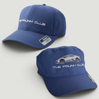 The Frunk Club blue performance 6 panel cap with embroidered logo and custom car patch. Adjustable strap.