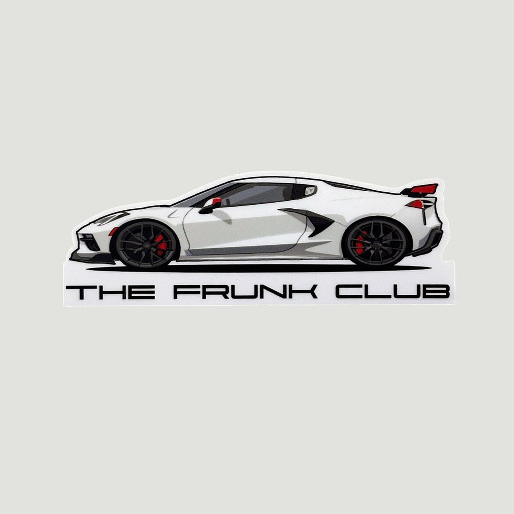 The Frunk Club white C8 Corvette mid-engine sports car die-cut vinyl sticker with black accents and red brake calipers.