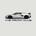The Frunk Club white C8 Corvette mid-engine sports car die-cut vinyl sticker with black accents and red brake calipers.