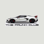 The Frunk Club white C8 Corvette mid-engine sports car die-cut vinyl sticker with black accents and red brake calipers.