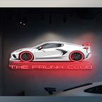 The Frunk Club white C8 Corvette silhouette neon sign with red wheels and red "THE FRUNK CLUB" text.