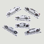 The Frunk Club white Ford GT die-cut vinyl sticker with blue racing stripes.