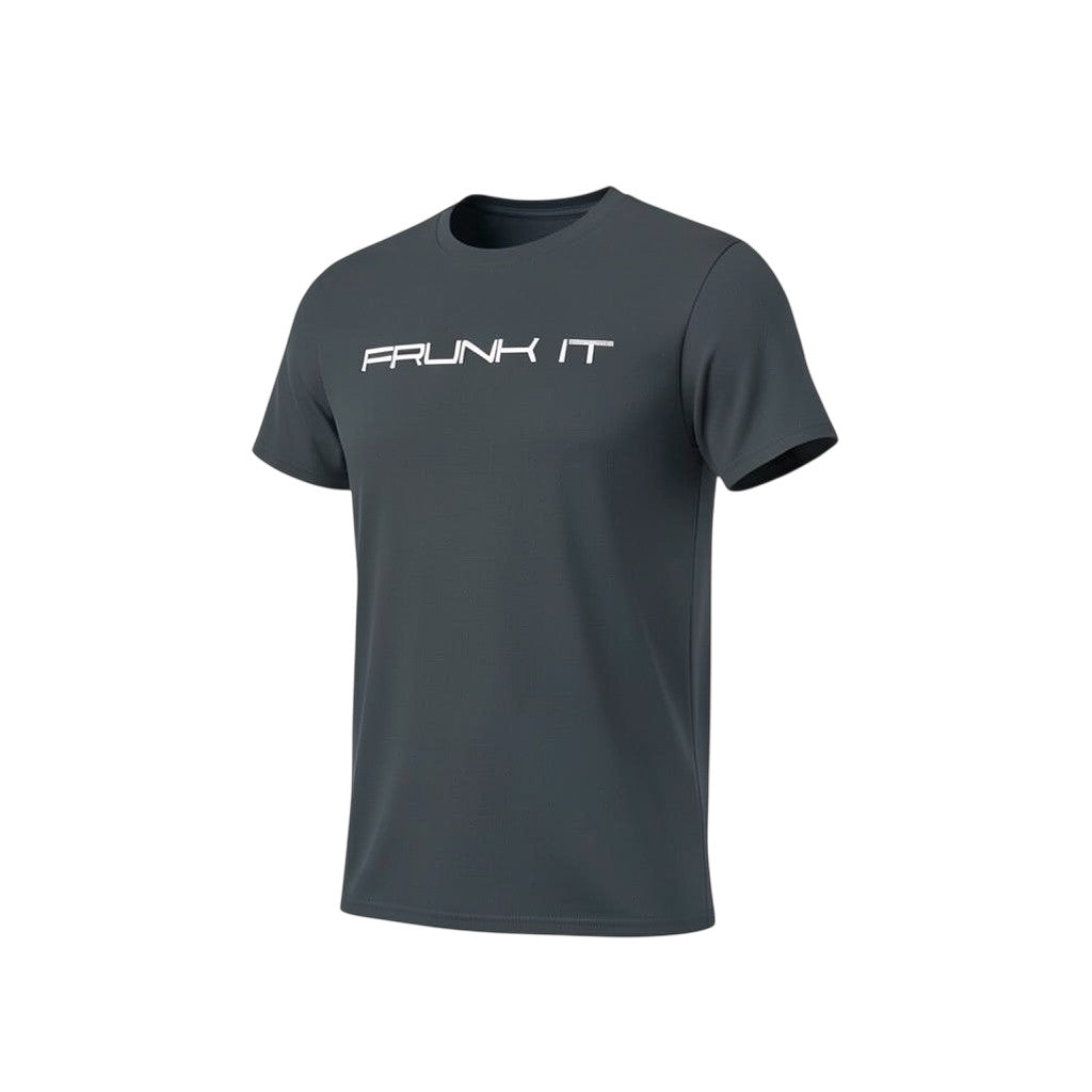 The Frunk Club grey short sleeve t-shirt with white "FRUNK IT" graphic on chest. 50/50 cotton-polyester blend.