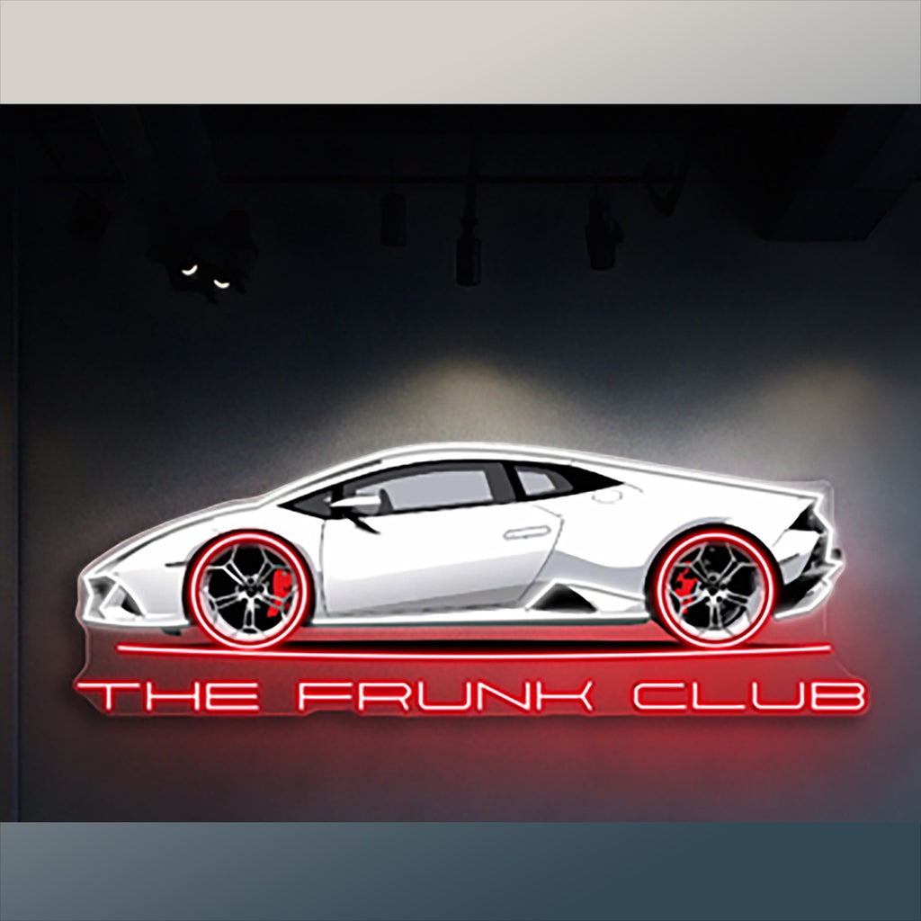 The Frunk Club white Lamborghini Huracan LED neon sign with red wheels and lettering.