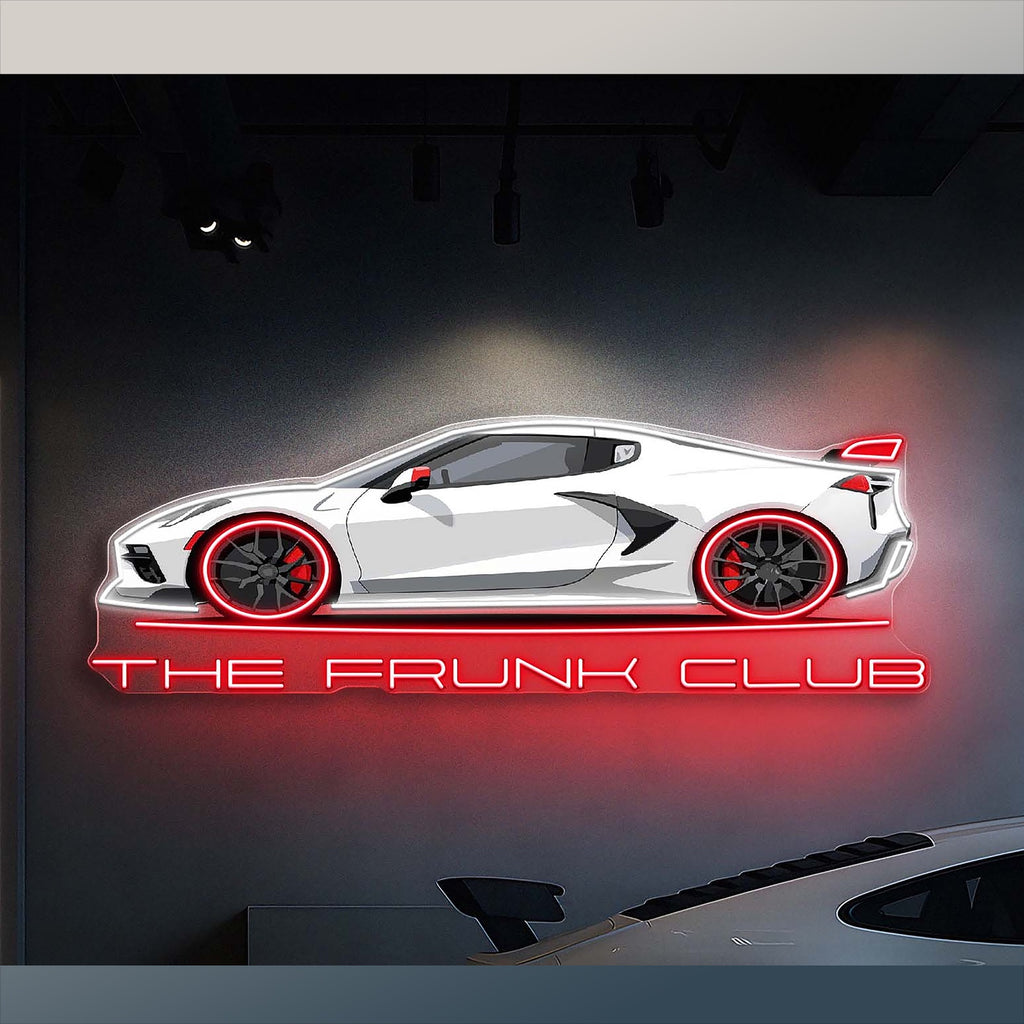 The Frunk Club white Lamborghini LED neon wall art sign with red wheels and lettering.