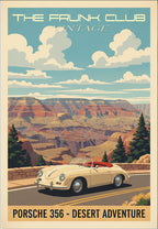 The Frunk Club vintage poster of a cream Porsche 356 convertible driving near the Grand Canyon.