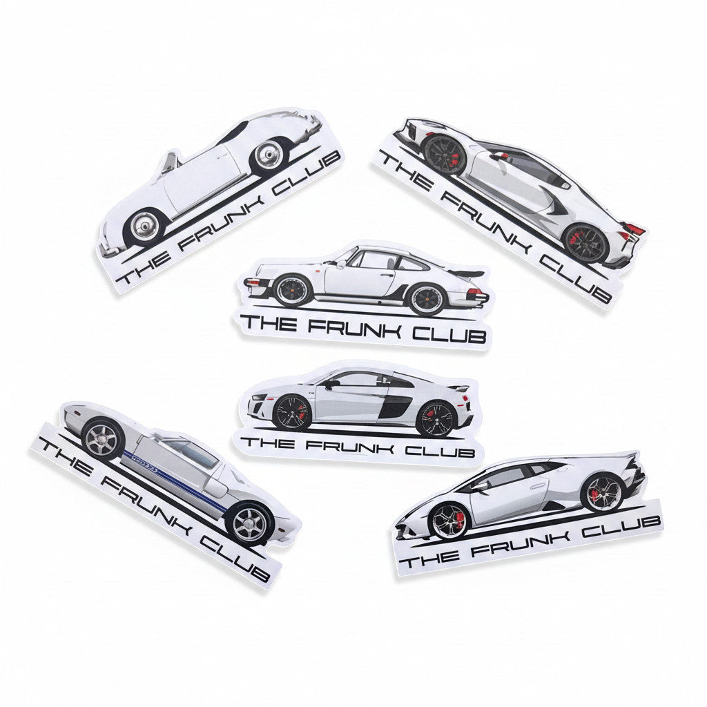 The Frunk Club white vinyl sticker featuring a white Porsche 911.