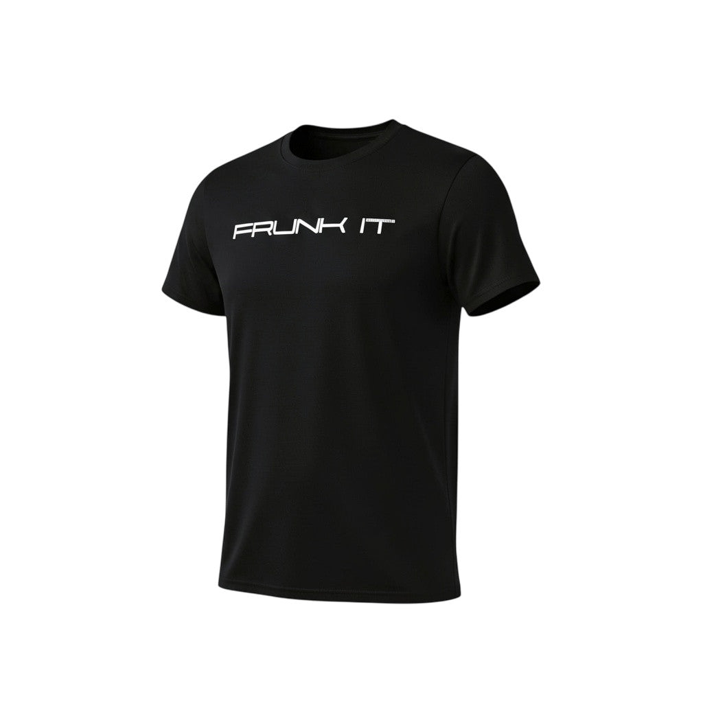 The Frunk Club red short sleeve t-shirt with "FRUNK IT" graphic on chest. 50/50 cotton-polyester blend.