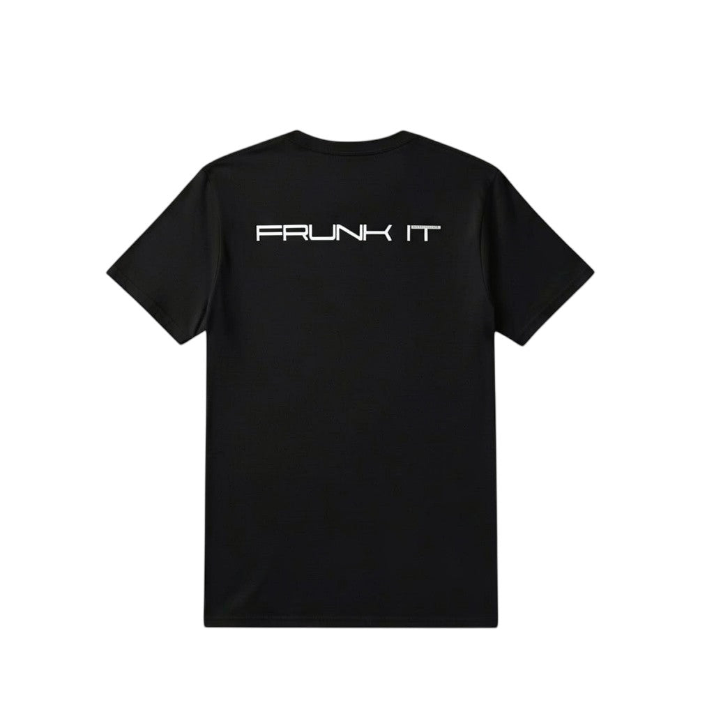 The Frunk Club red 50/50 cotton-polyester short sleeve t-shirt with white "FRUNK IT" graphic on back.
