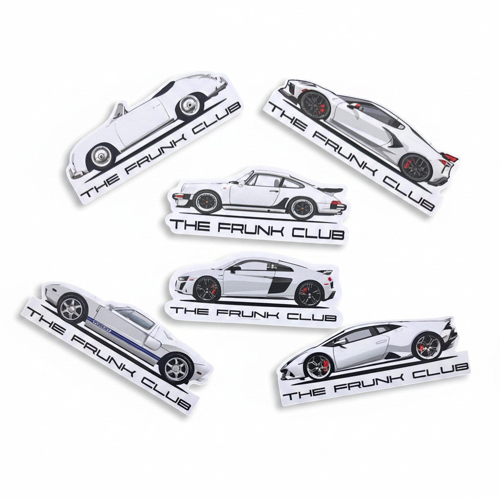 The Frunk Club white Super Beetle die-cut vinyl sticker, 4 inches. Automotive artwork for classic car enthusiasts.