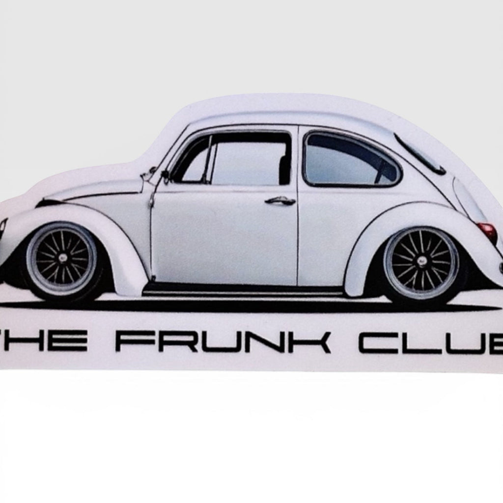 The Frunk Club white Super Beetle sticker, 4-inch die-cut vinyl with custom wheels and lowered suspension.