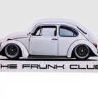 The Frunk Club white Super Beetle sticker, 4-inch die-cut vinyl with custom wheels and lowered suspension.