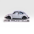 The Frunk Club white Super Beetle sticker, 4-inch die-cut vinyl with custom wheels and lowered stance.
