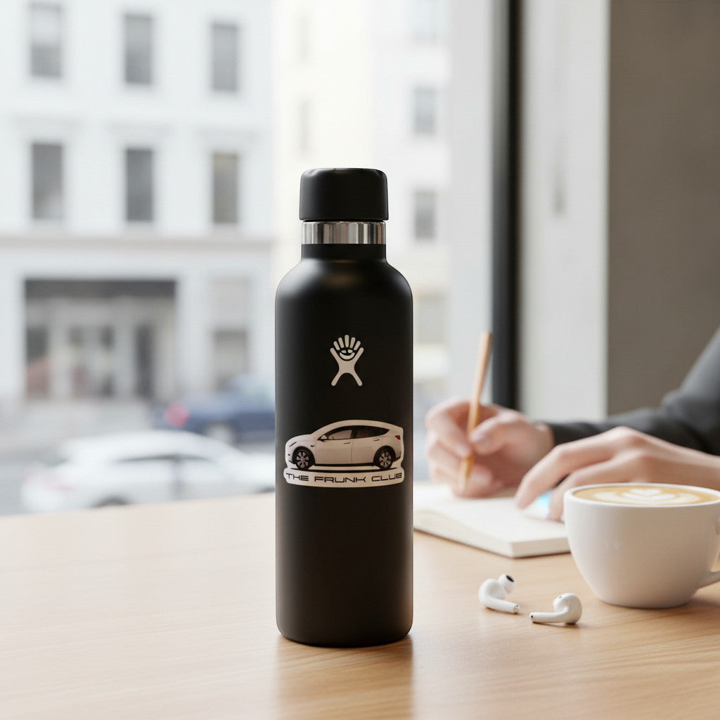 The Frunk Club white die-cut vinyl sticker featuring a Tesla Model Y silhouette and text.