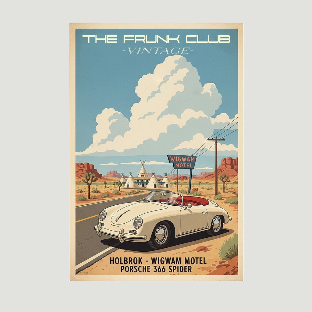 The Frunk Club vintage poster of a white Porsche 356 Spider at the Wigwam Motel on Route 66.