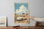 The Frunk Club vintage poster featuring a cream Porsche 356 Spider at the Wigwam Motel on Route 66.