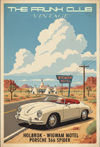The Frunk Club vintage poster of a cream Porsche 356 Spider at the Wigwam Motel on Route 66.