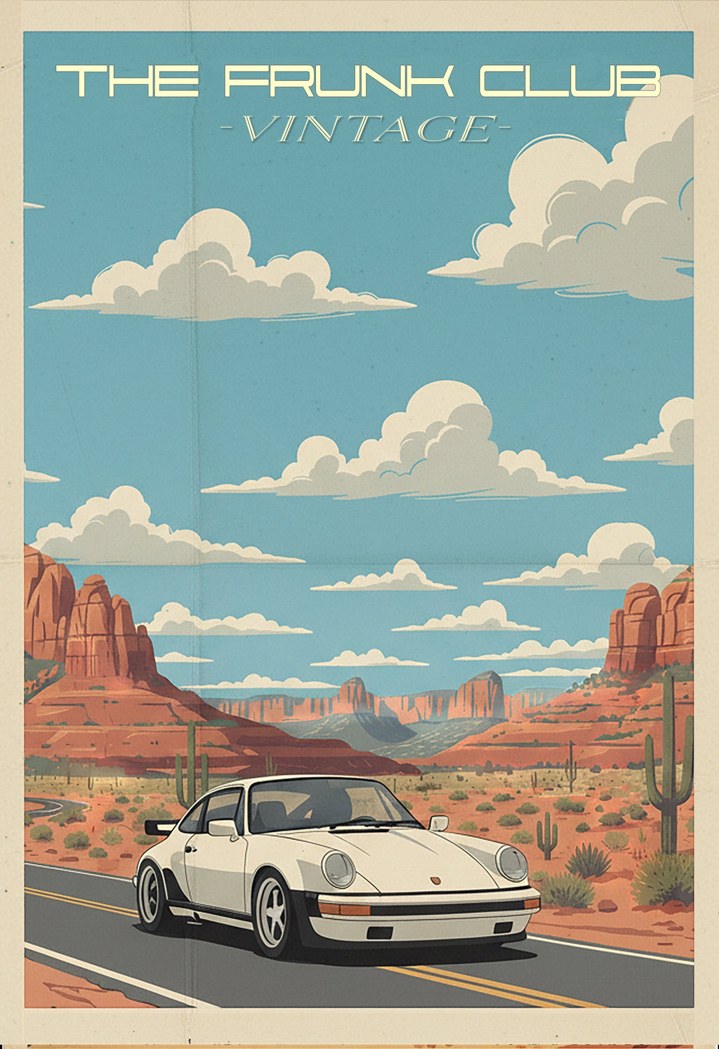 The Frunk Club vintage-style poster of a white Porsche 930 driving through a desert landscape with red rock formations and cacti.