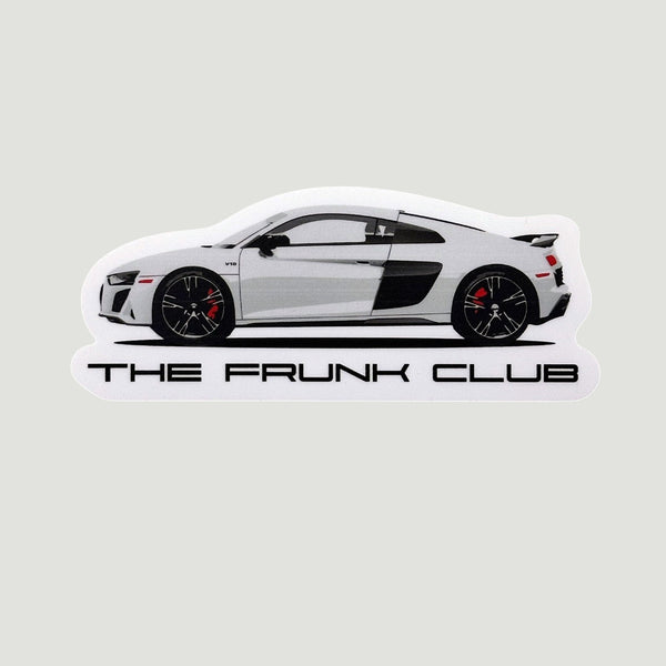 The Frunk Club white Audi R8 V10 die-cut sticker, 4.5" x 1.8", weather-resistant vinyl.
