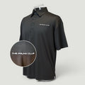 The Frunk Club black performance polyester polo shirt with bonded collar and embroidered logo. Moisture-wicking and wrinkle-resistant.