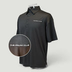 The Frunk Club black performance polyester polo shirt with bonded collar and embroidered logo. Moisture-wicking and wrinkle-resistant.