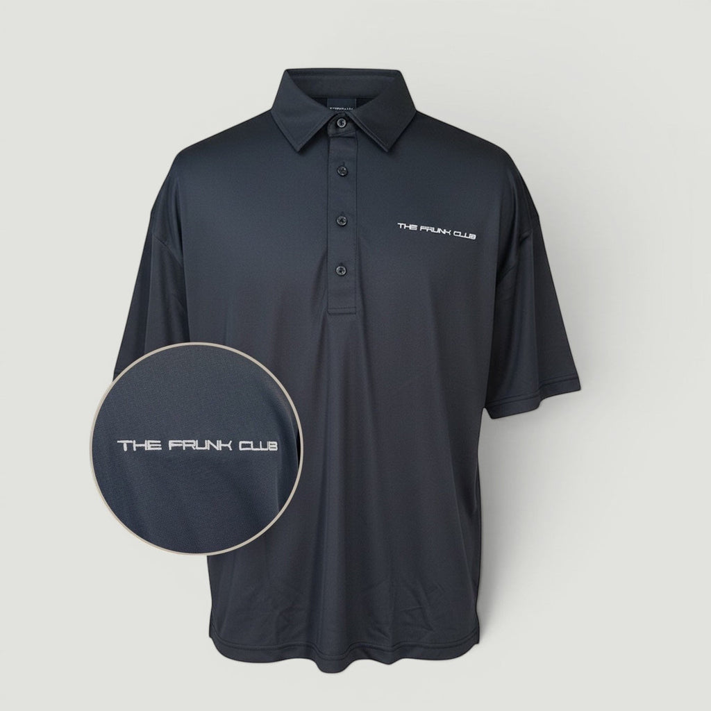 The Frunk Club black performance polyester polo shirt with bonded collar and embroidered logo.