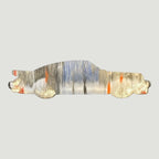The Frunk Club woven patch in a car silhouette with abstract grey, blue, and orange design. Heat-transfer backing.