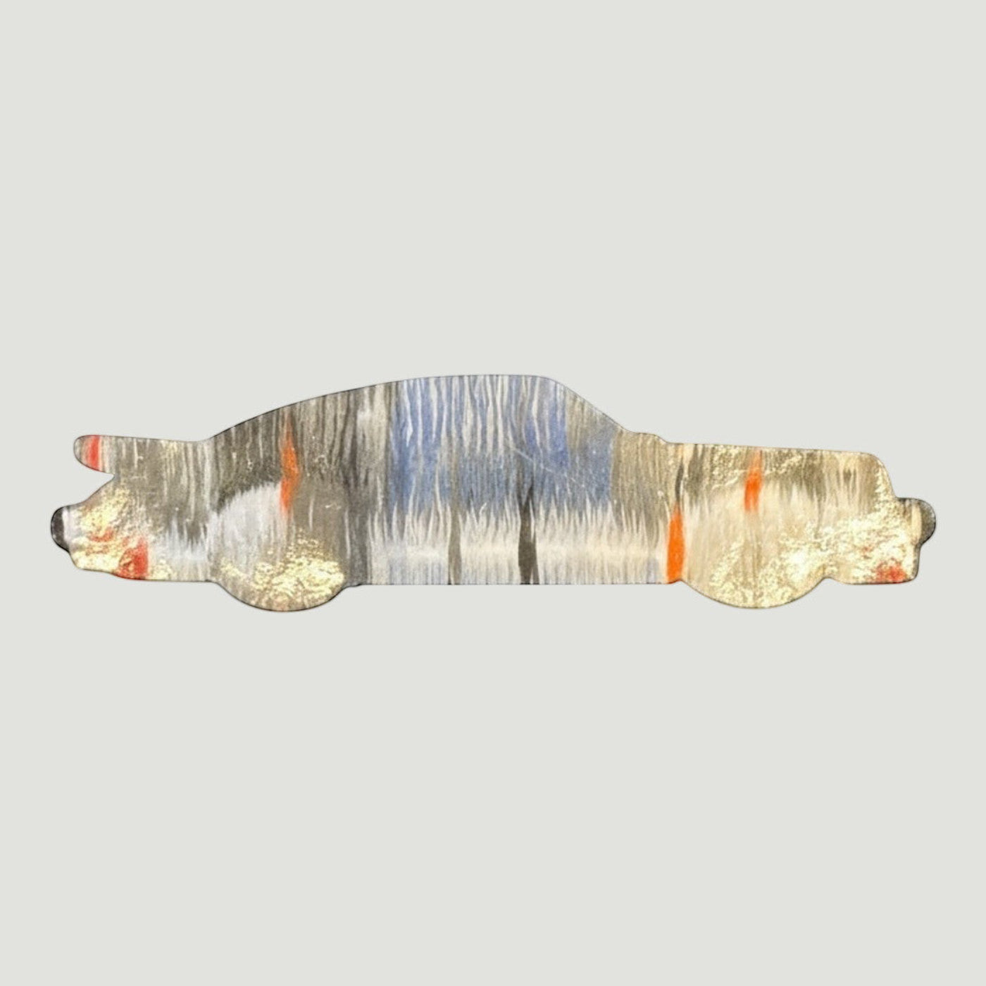 The Frunk Club woven patch in a car silhouette with abstract grey, blue, and orange design. Heat-transfer backing.