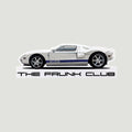 The Frunk Club white Ford GT sticker with blue racing stripes and die-cut profile.
