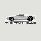 The Frunk Club white Ford GT sticker with blue racing stripes and die-cut profile.