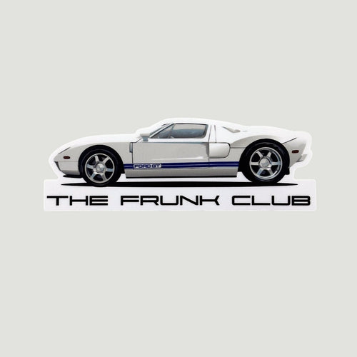 The Frunk Club white Ford GT sticker with blue racing stripes and die-cut profile.