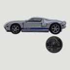The Frunk Club silver Ford GT woven patch with blue racing stripes. Features detailed wheels and 'FORD GT' text.