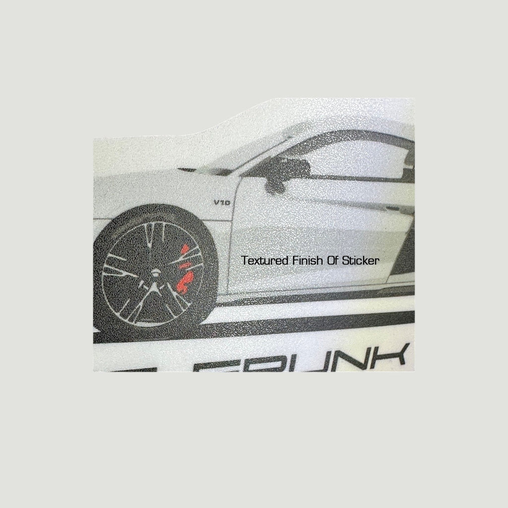 The Frunk Club Ford GT die-cut sticker with textured finish, featuring a white car with red brake calipers.