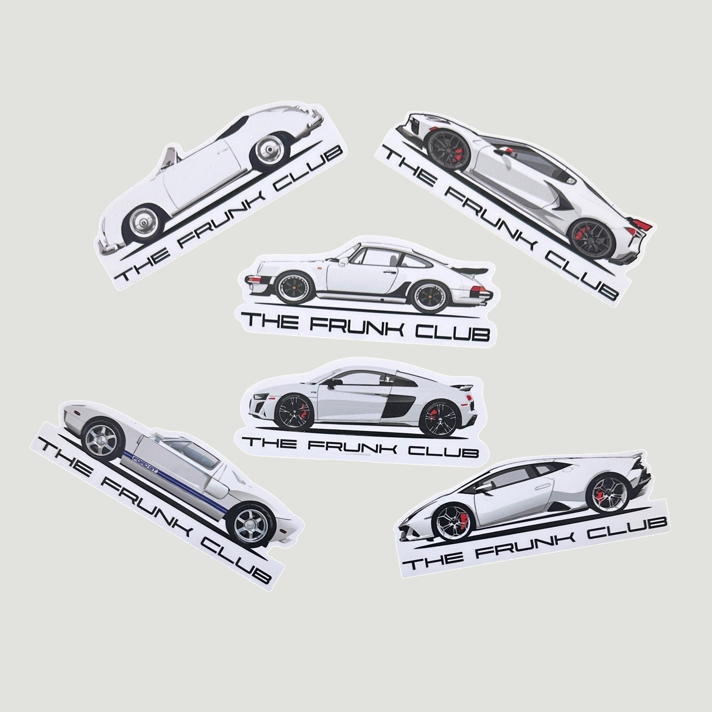 The Frunk Club white Lamborghini die-cut sticker, featuring a sleek supercar design with red brake calipers.