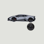 The Frunk Club white Lamborghini woven patch with red brake calipers and black wheels. Heat-transfer construction.