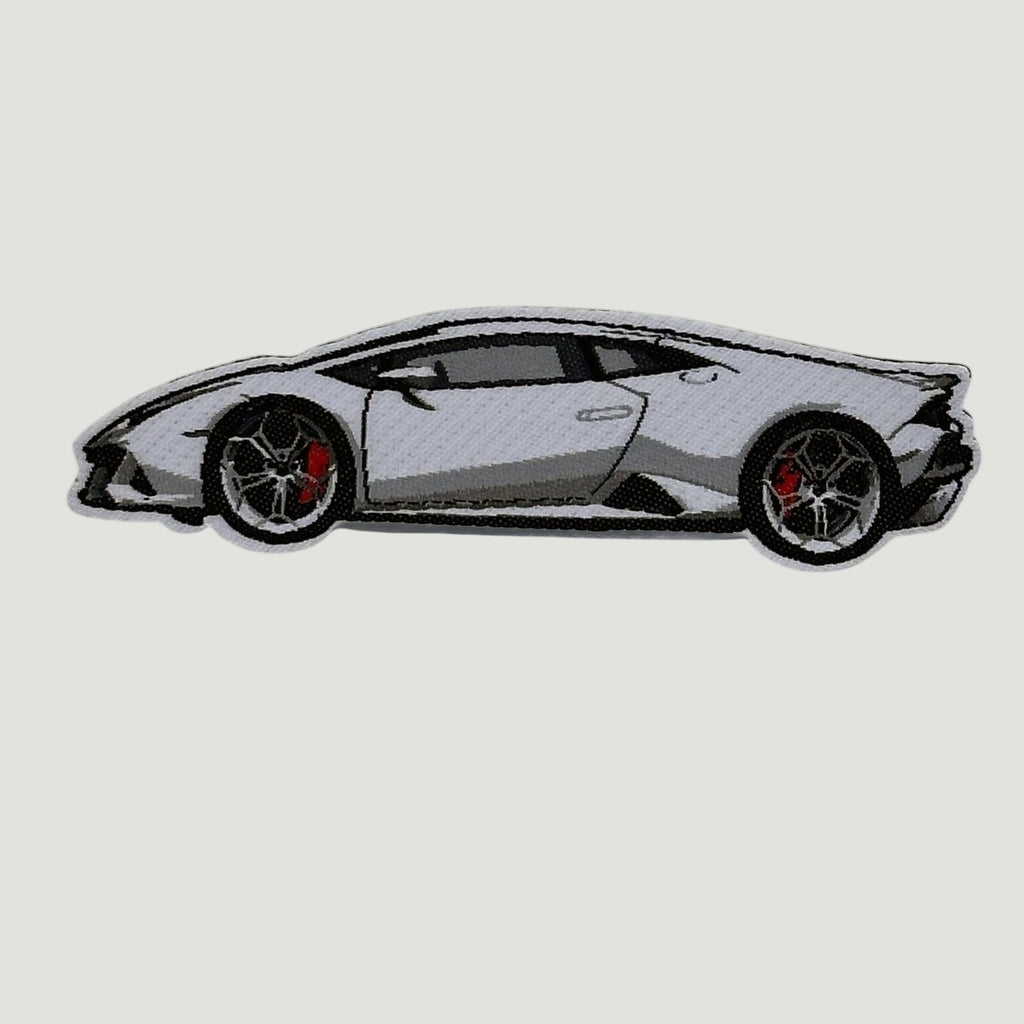 The Frunk Club white Lamborghini woven patch with red brake calipers. Heat-transfer construction.