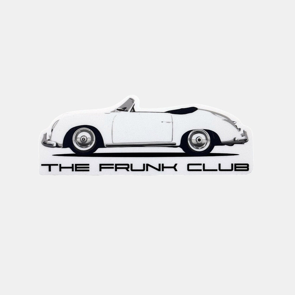 The Frunk Club white Porsche 356 convertible die-cut sticker with black text.