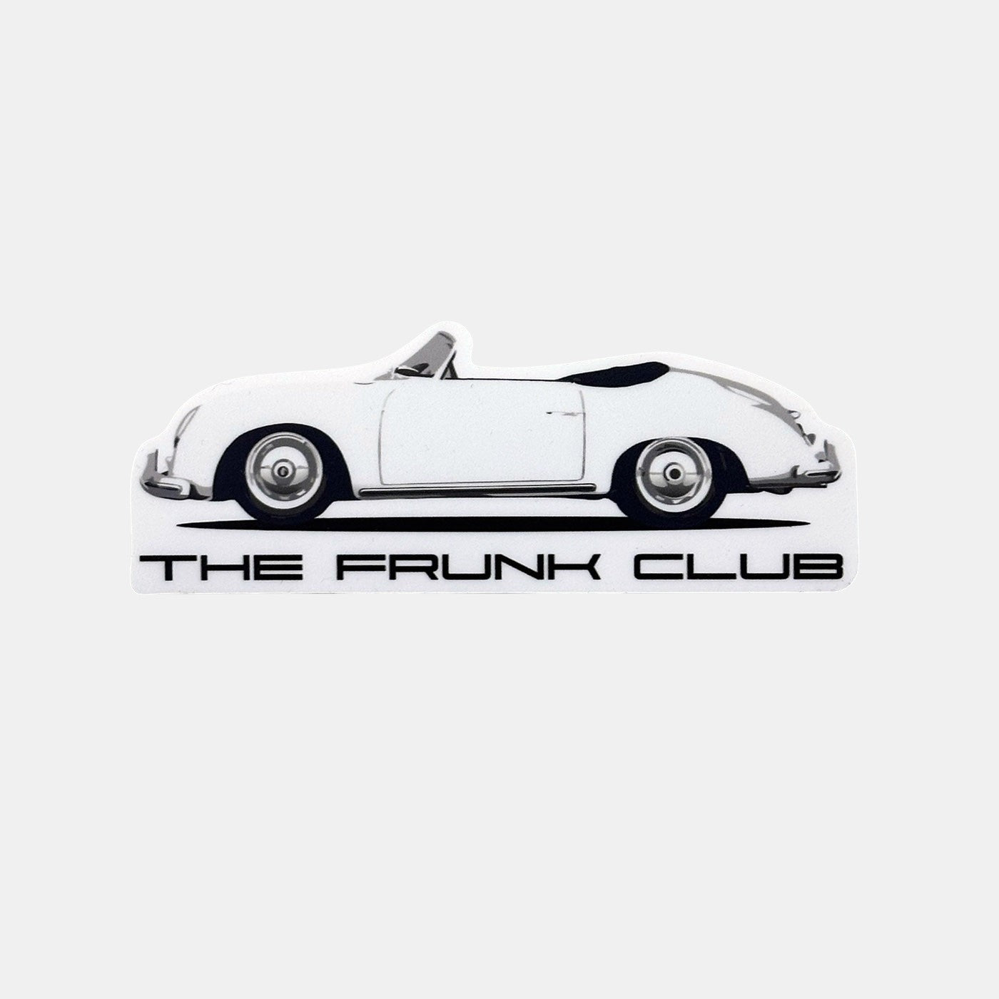 The Frunk Club white Porsche 356 convertible die-cut sticker with black text.