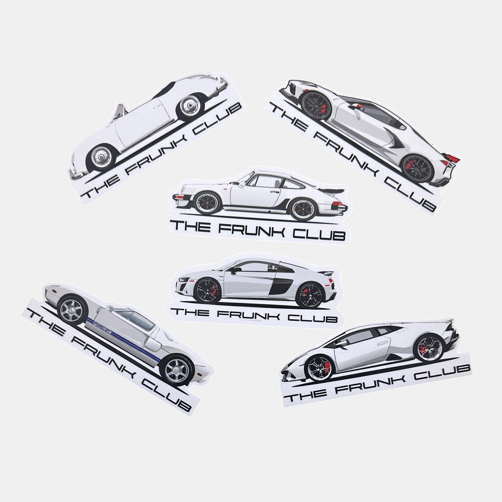 The Frunk Club white Porsche 356 die-cut vinyl sticker, 4" 7/8"w x 1 3/4"h, weather-resistant.