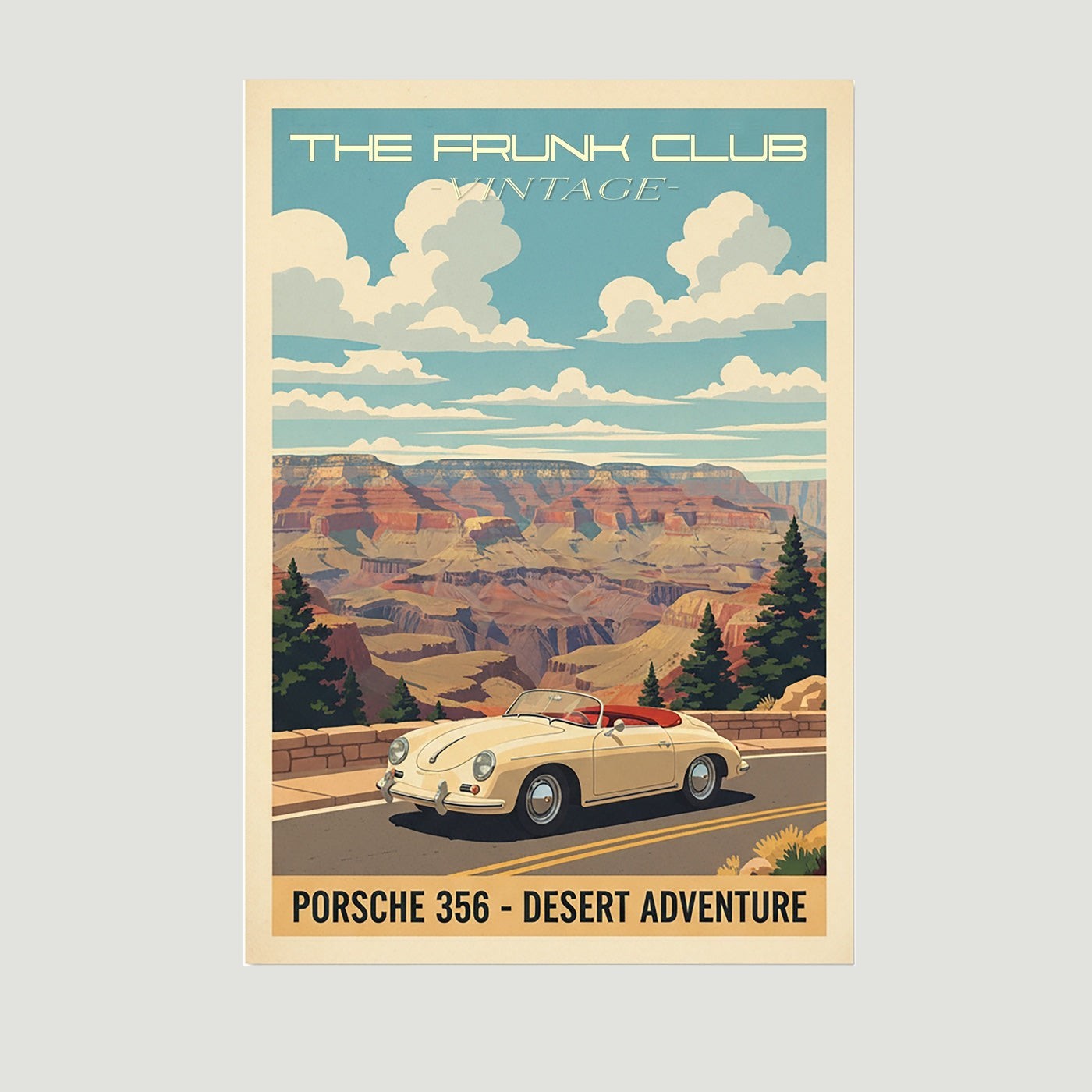The Frunk Club vintage poster of a cream Porsche 356 convertible at the Grand Canyon.