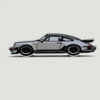 The Frunk Club embroidered patch of a silver Porsche 911 Turbo with black accents and a rear spoiler.