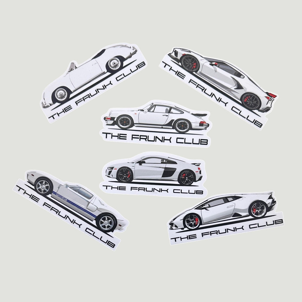 The Frunk Club white die-cut vinyl sticker featuring a white Porsche 930 Turbo.