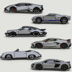 The Frunk Club Torque Patch Bundle features embroidered patches of iconic supercars: Lamborghini, Ford GT, Porsche 911, Corvette C8, Porsche 356, and Audi R8.